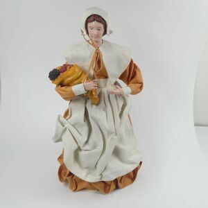 Pilgrim Woman Cornucopia Thanksgiving Figurine Paper Sculpture Vintage Kitschy